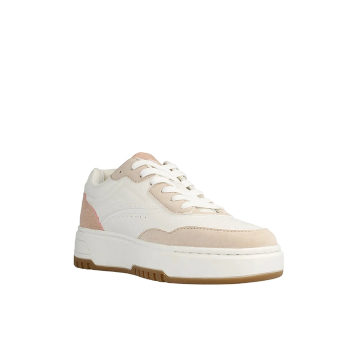 White and beige sneaker with a brown sole on a white background