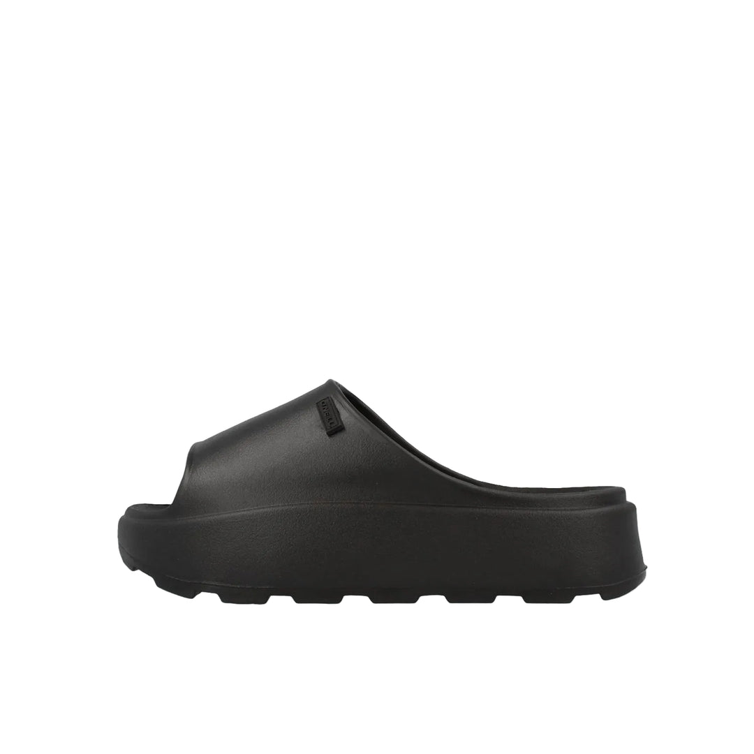 Black slip-on shoe on a white background