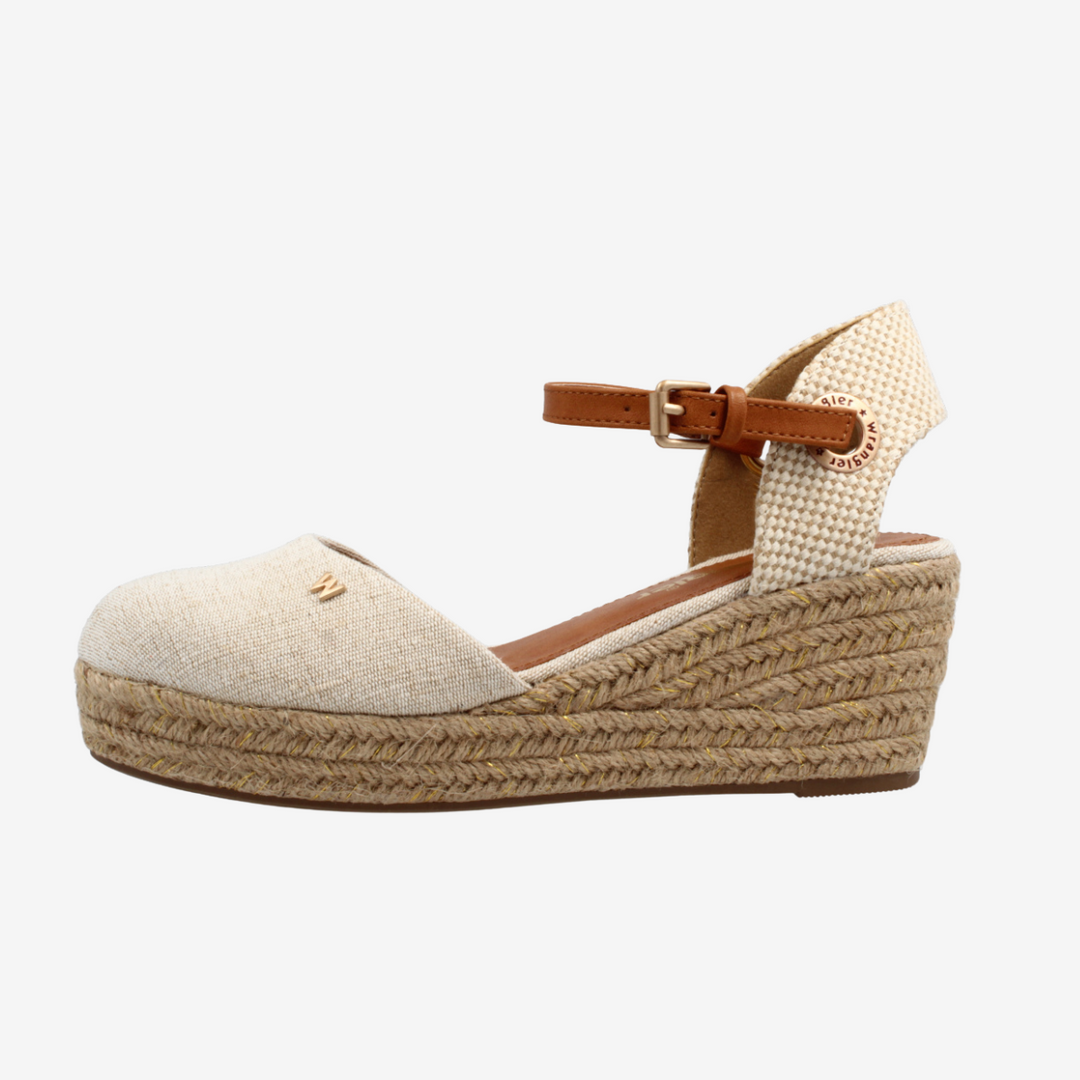 Beige wedge sandal with jute sole on a white background