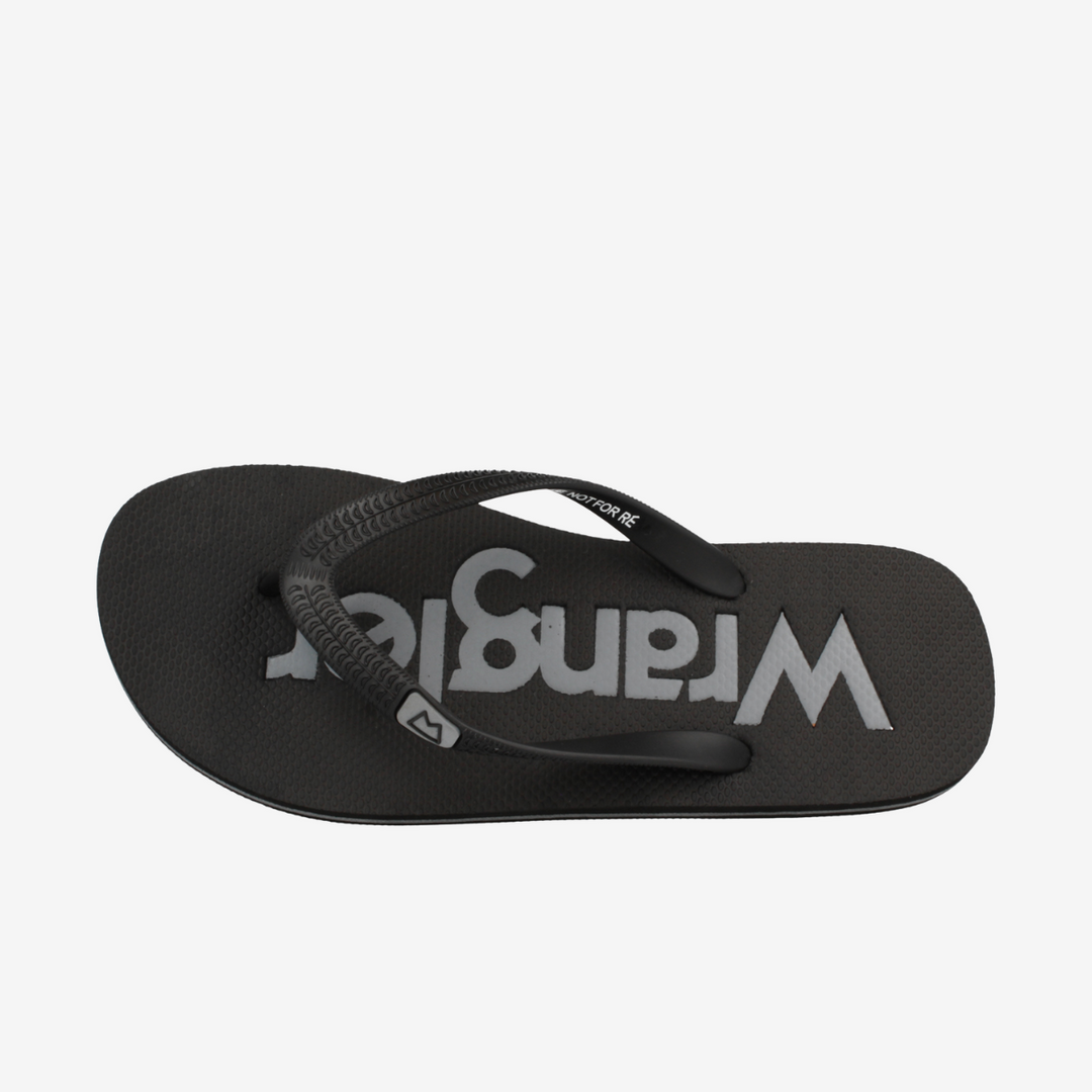 Black sandal with a brand logo on a white background