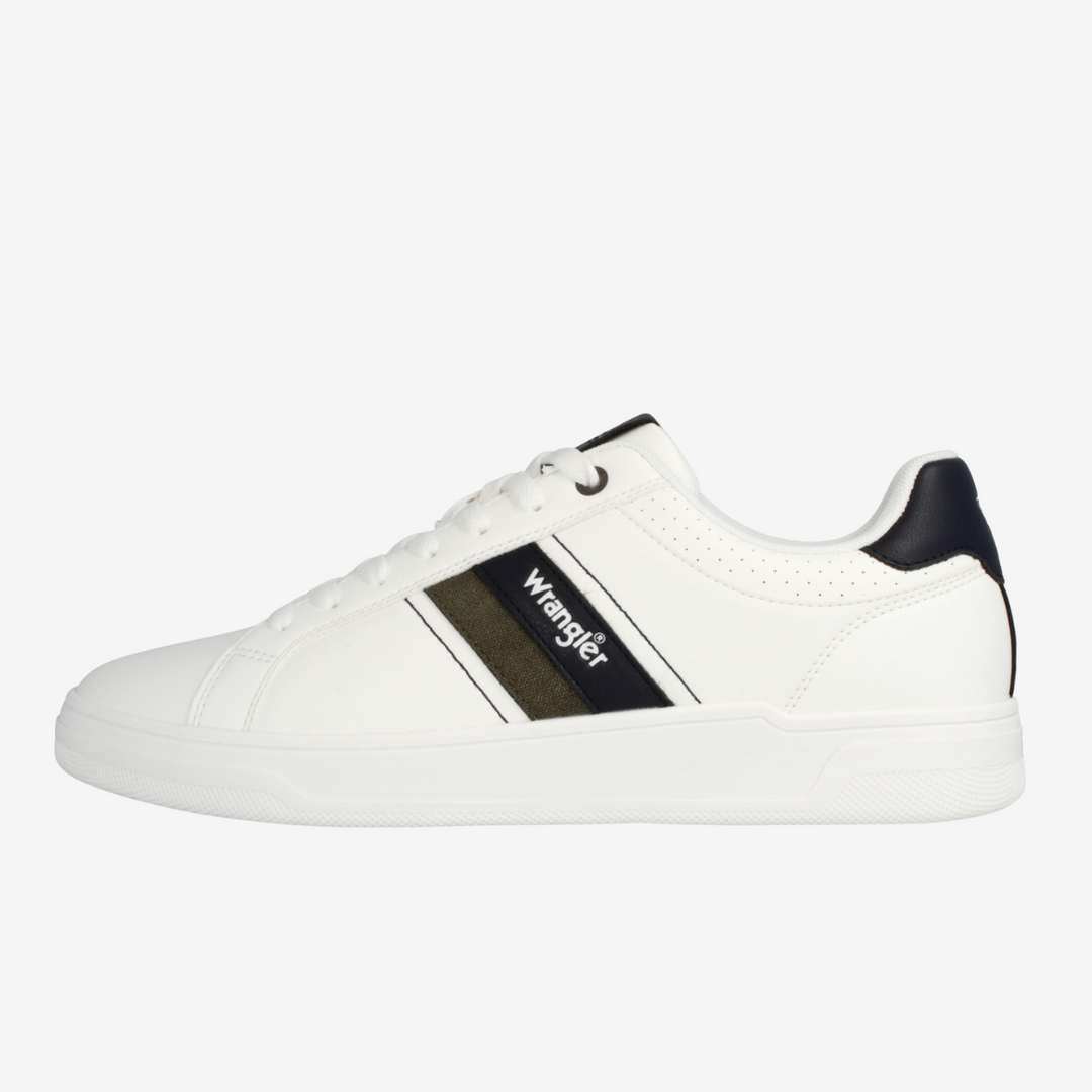 White sneaker with a black label on a white background