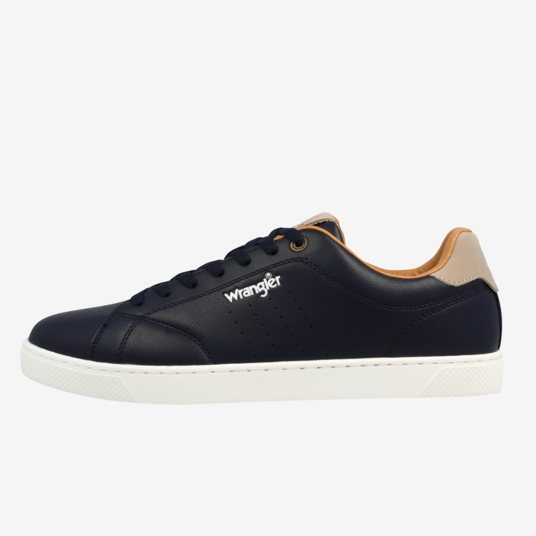Navy blue sneaker with white sole on a light gray background