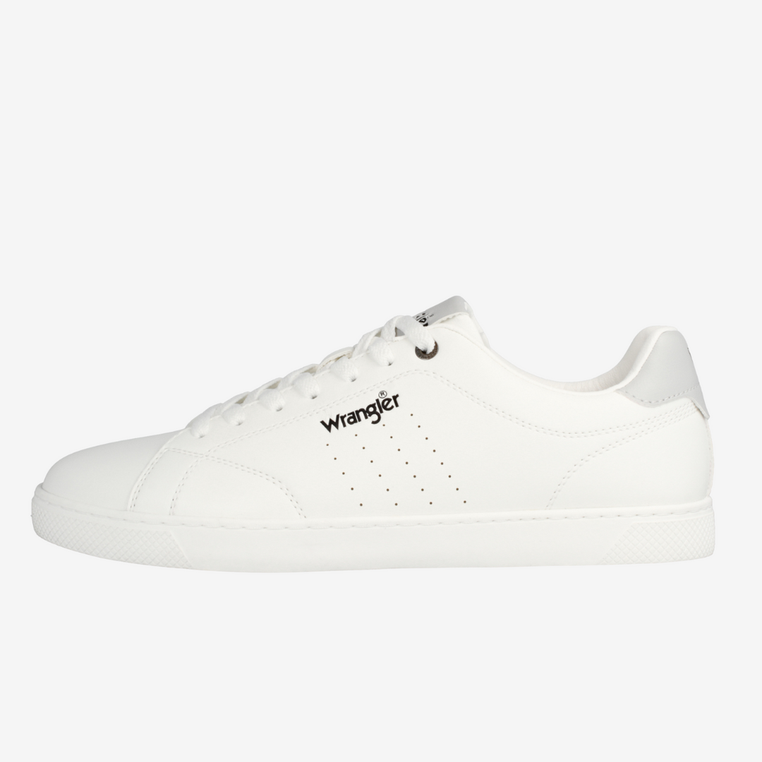 White sneaker with 'Wrangler' branding on a light gray background