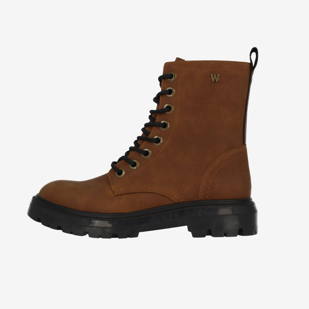 Brown leather boot with black sole on a white background