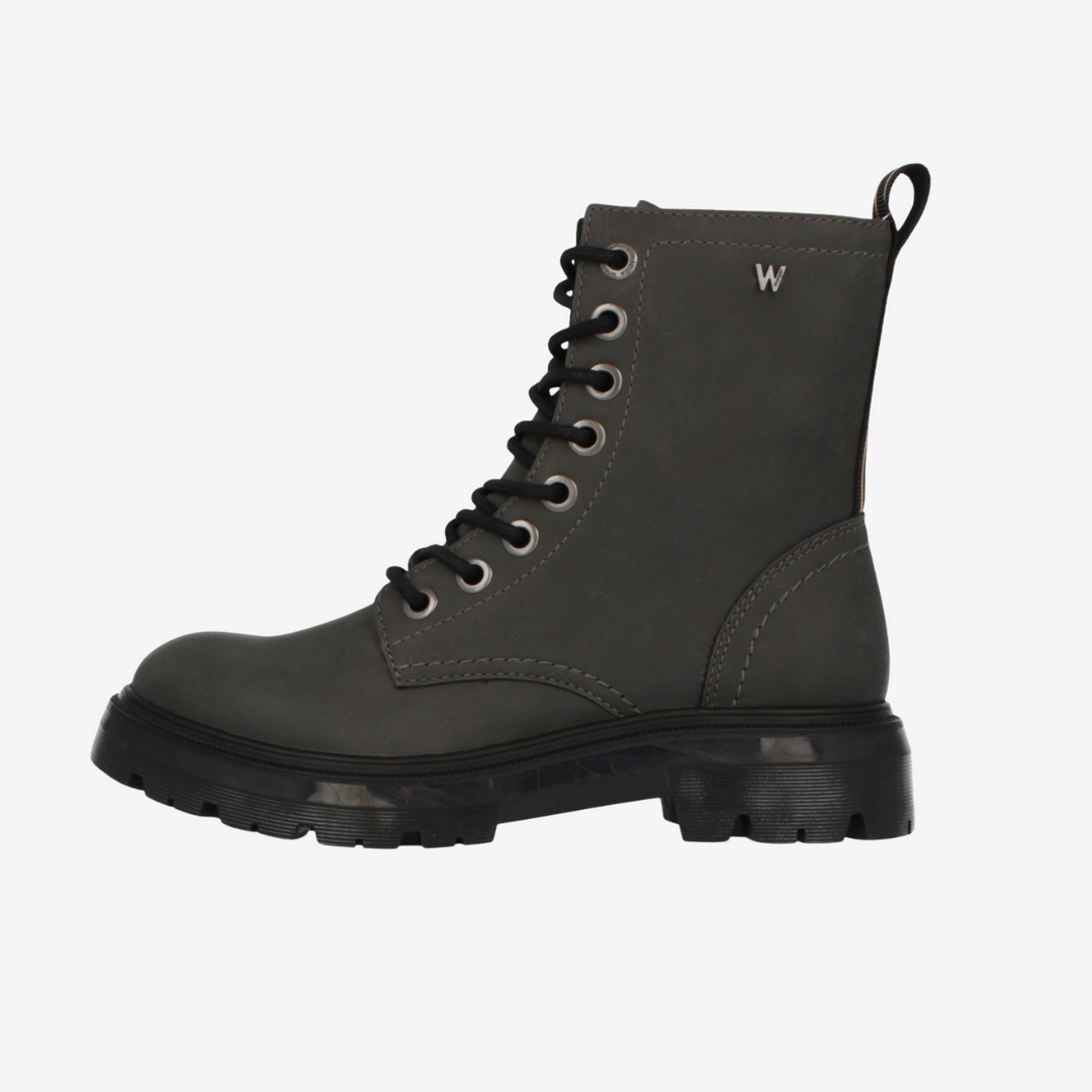 Black boot with laces on a white background