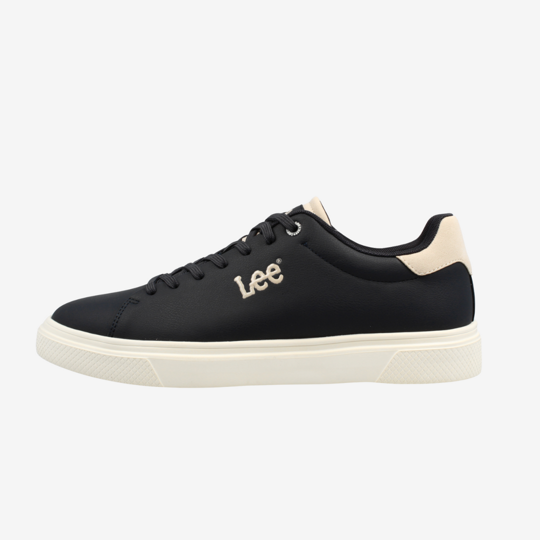 Black sneaker with 'Lee' branding on a white background