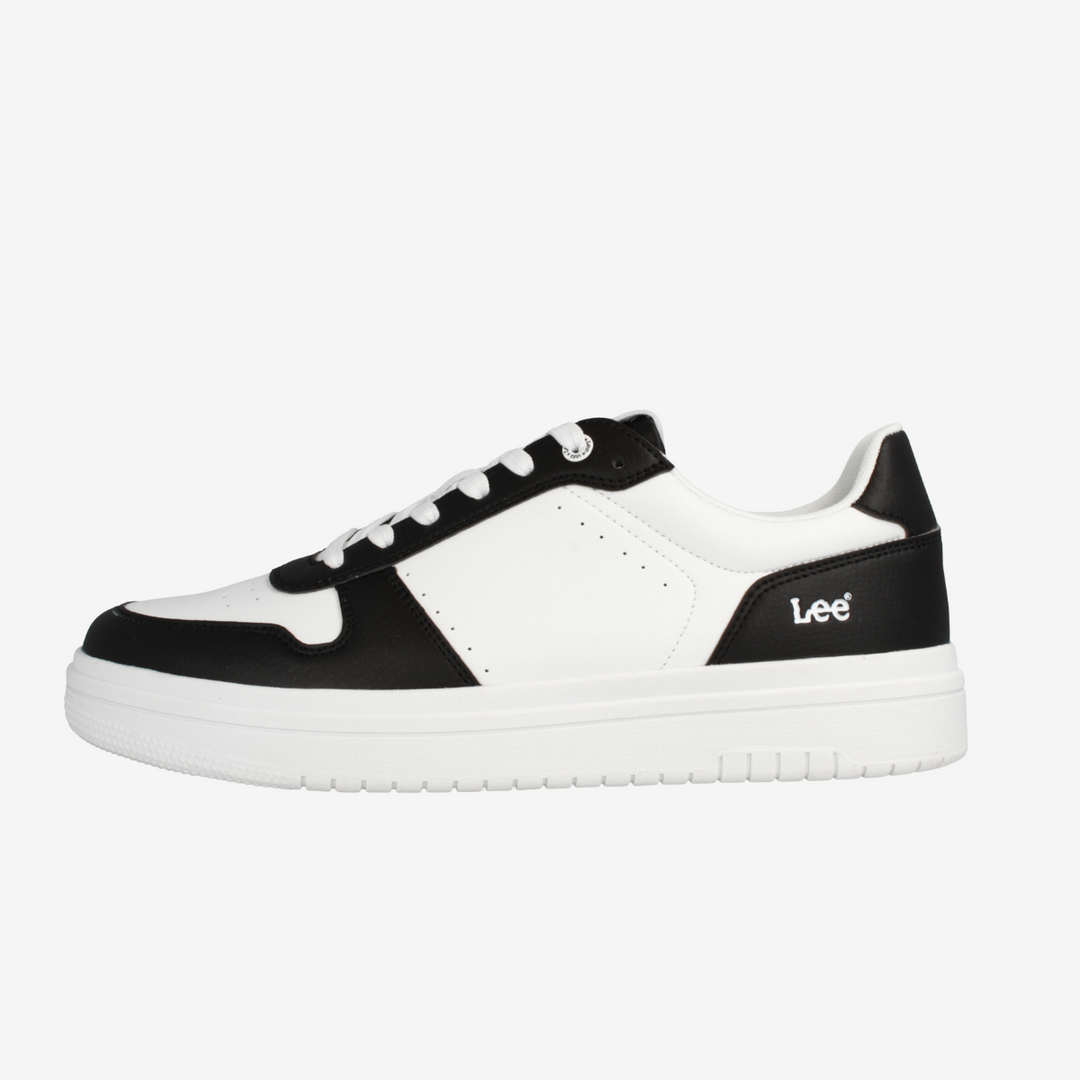 Black and white sneaker with 'Lee' branding on a white background