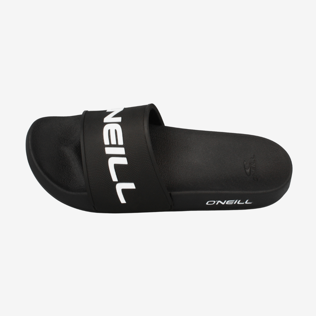 Black slide sandal with 'O'Neill' branding on a white background