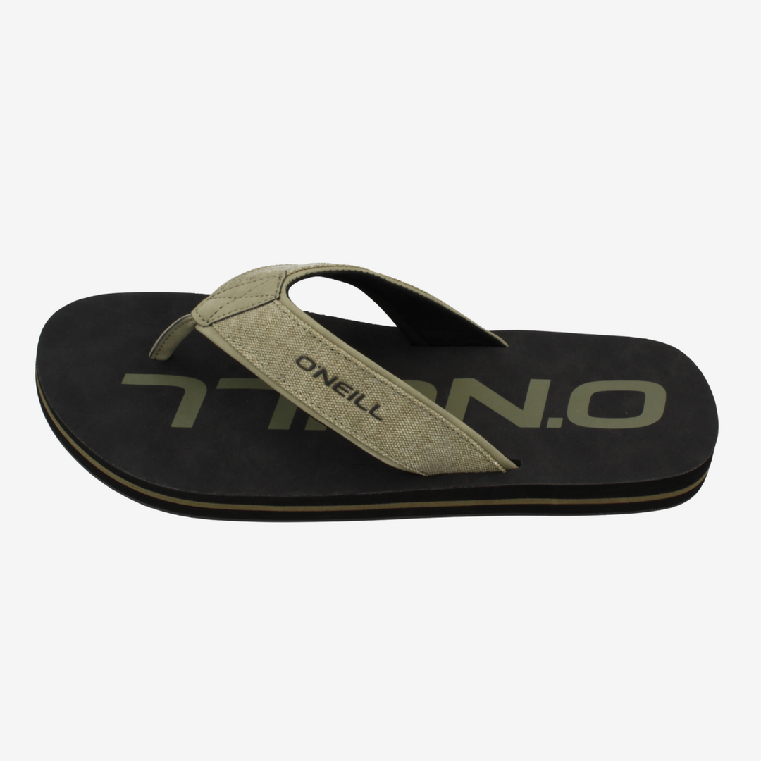 Black sandal with green strap featuring 'O'Neill' logo on a white background