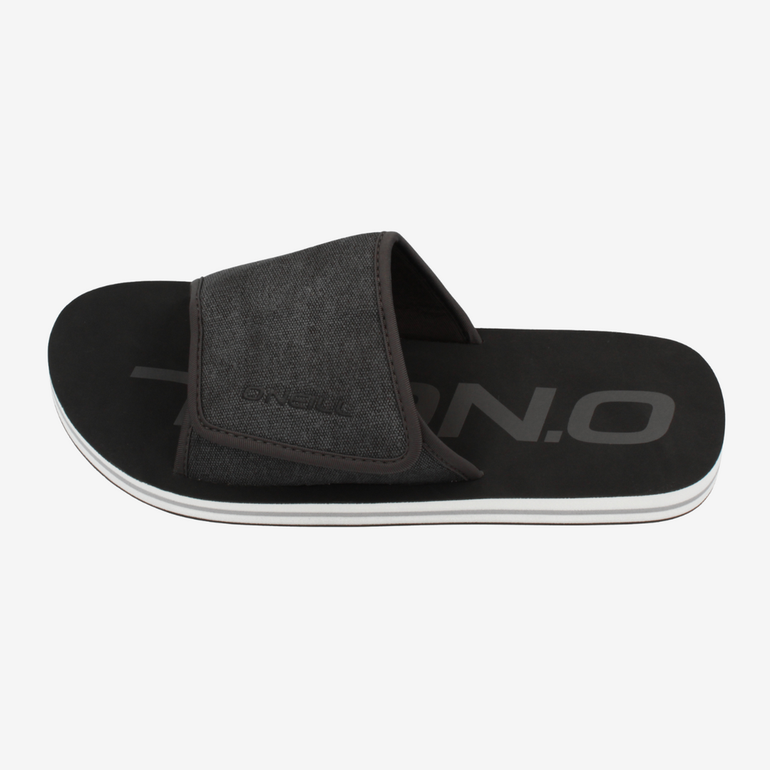 Black slide sandal with a brand logo on a white background