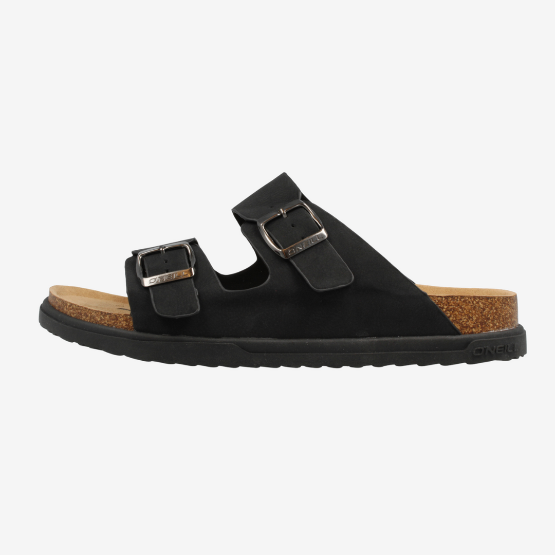 Black sandal with two buckles on a white background
