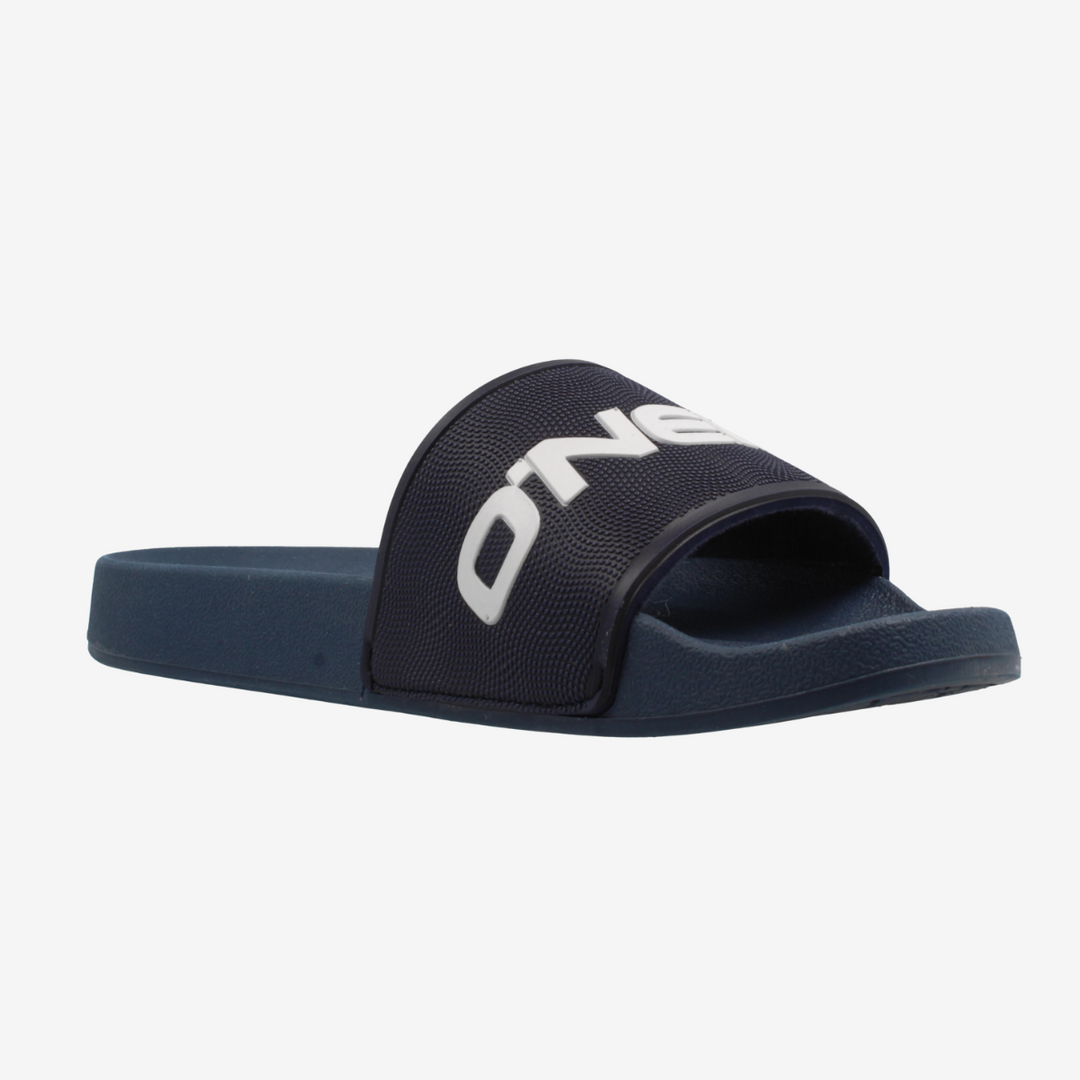 Navy slide sandal with 'O'Neill' branding on a light gray background