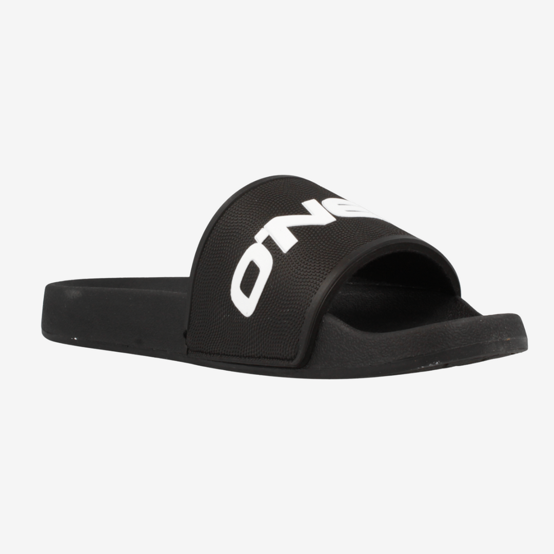 Black slide sandal with white branding on a light gray background