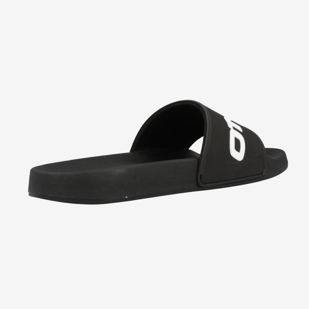 Black slide sandal with a brand logo on a white background