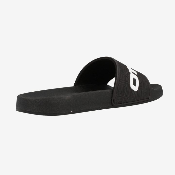 Black slide sandal with a brand logo on a white background