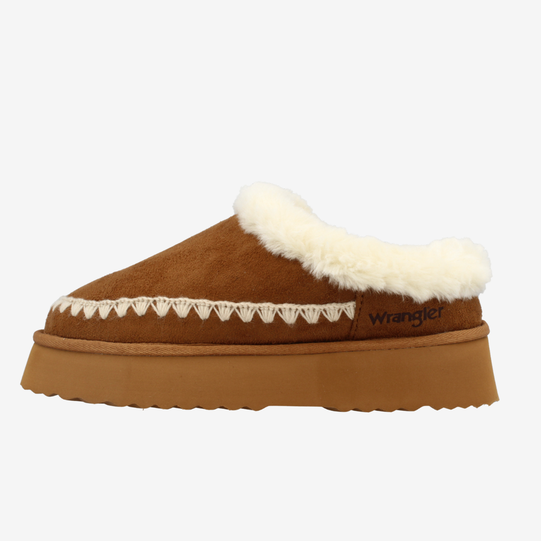 Brown slipper with white fur lining and 'Wrangler' branding on a white background