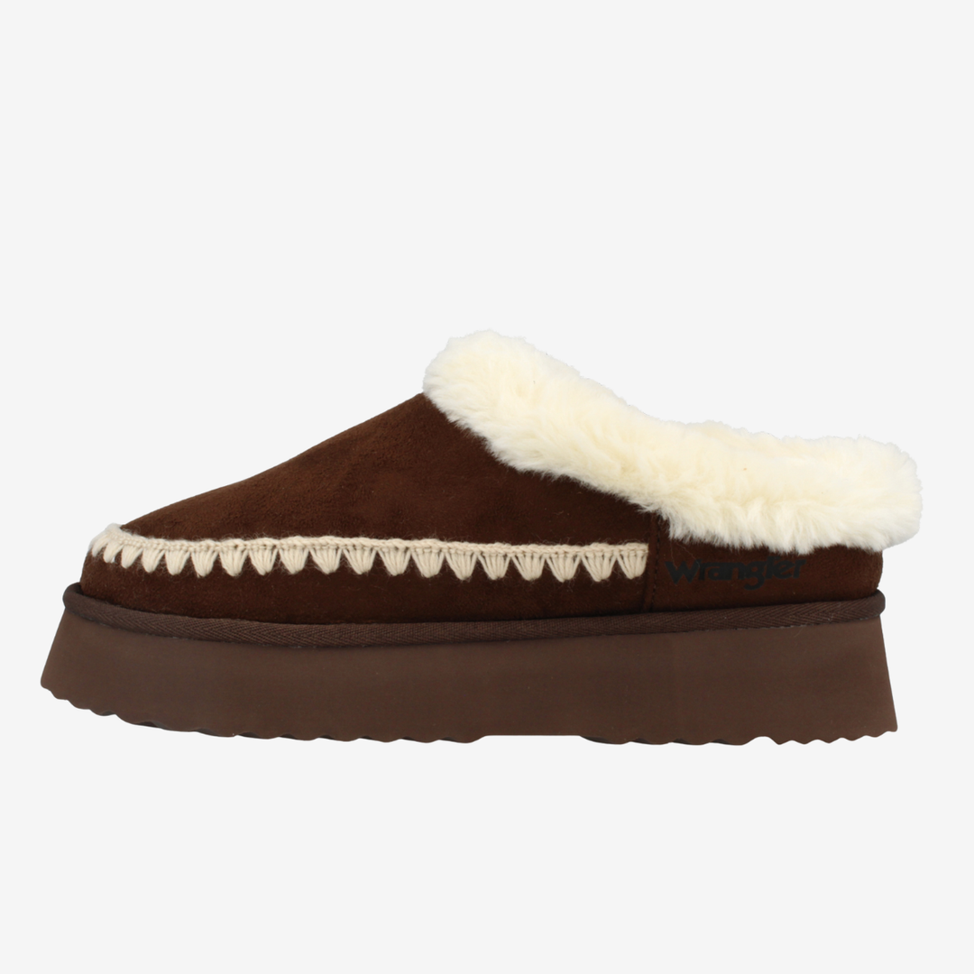 Brown slipper with white fur lining on a white background