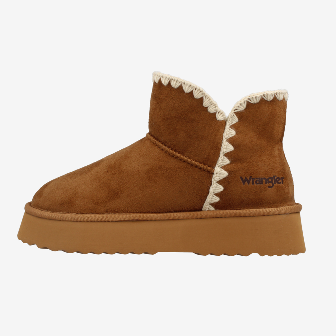 Brown suede boot with white lace trim on a white background