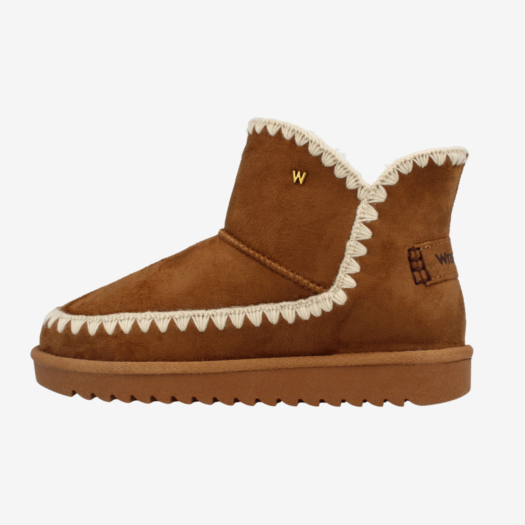Brown moccasin-style boot with white trim on a white background