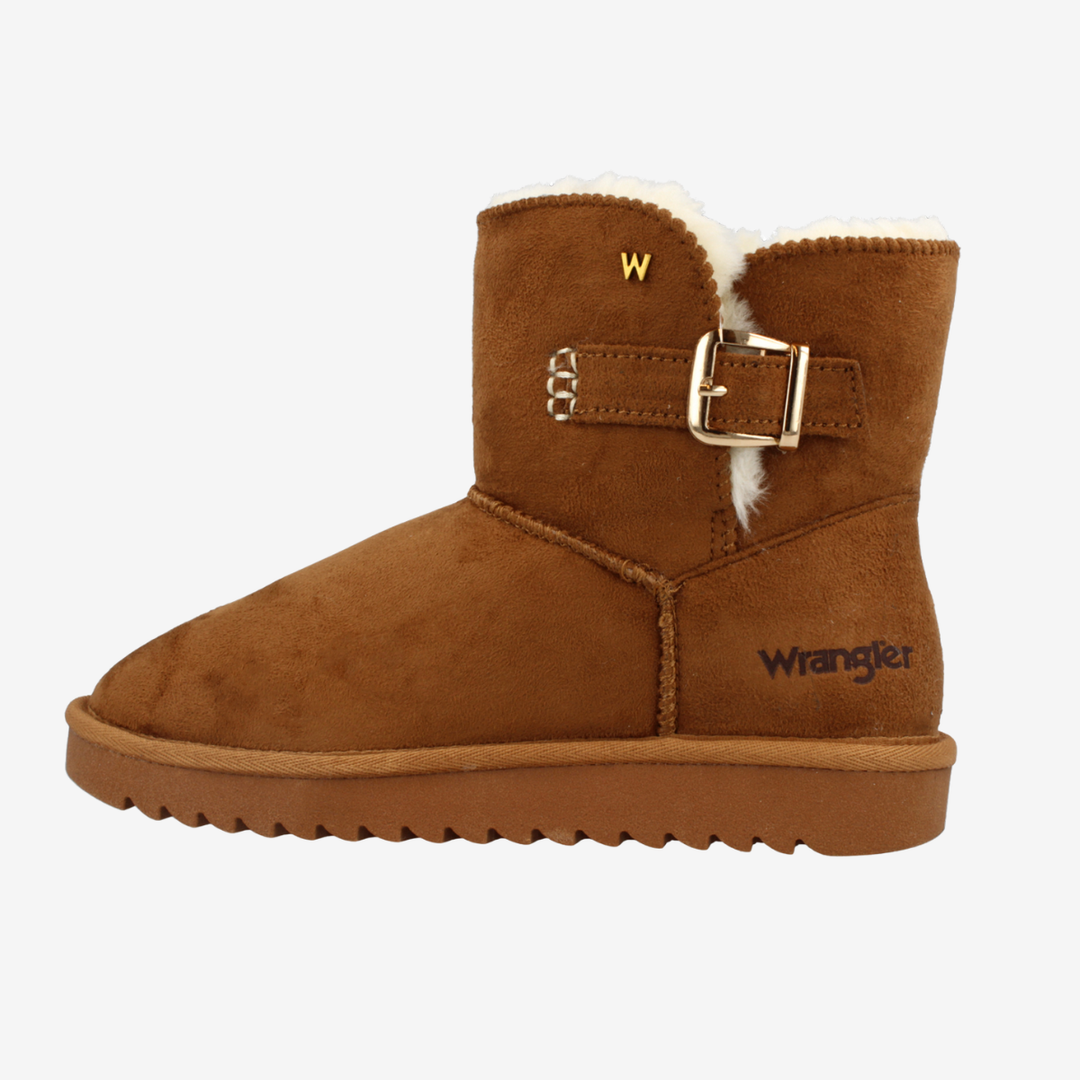Brown suede boot with a buckle and white fur lining on a white background