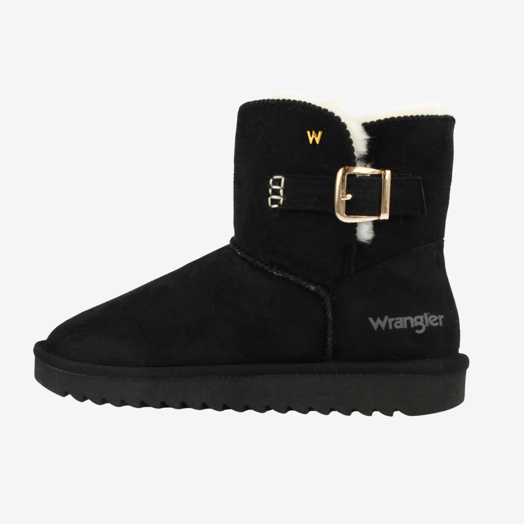 Black boot with a gold buckle and white fur trim on a light gray background