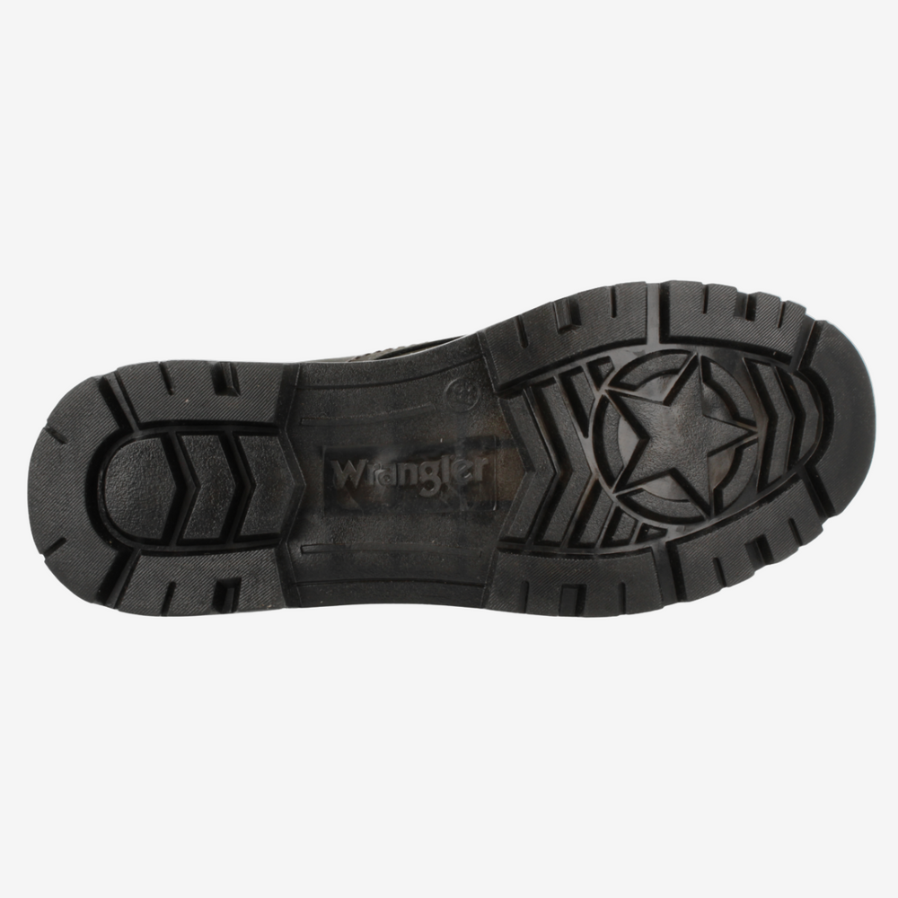 Black boot sole with 'Wrangler' branding on a white background