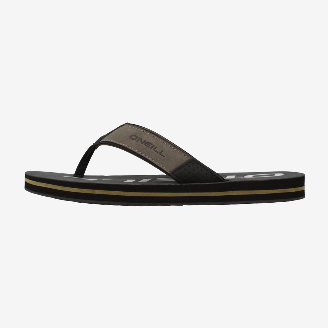Black sandal with brown strap on a white background