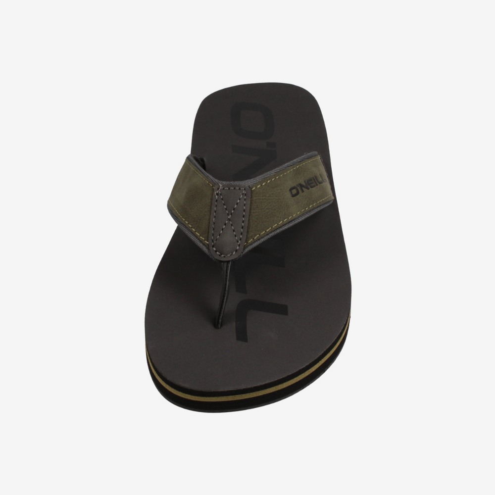 Black sandal with a brown strap on a white background