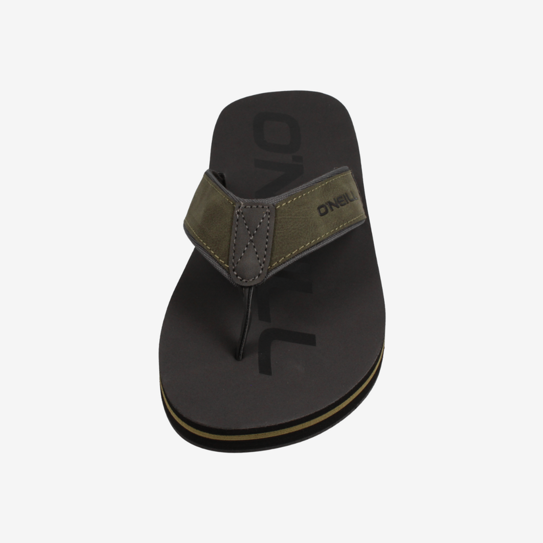 Black sandal with a brown strap on a white background