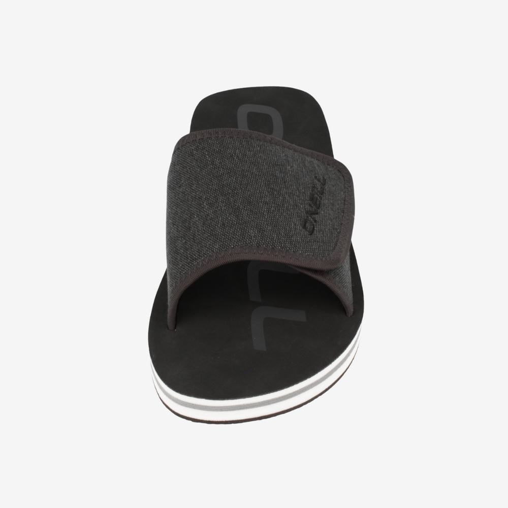 Black sandal with gray strap on a white background