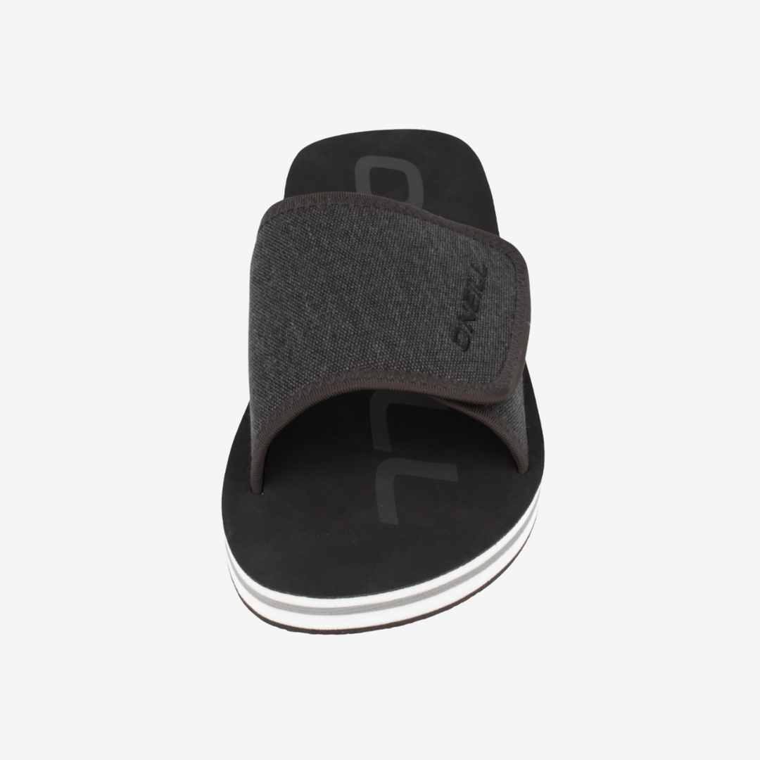 Black sandal with gray strap on a white background