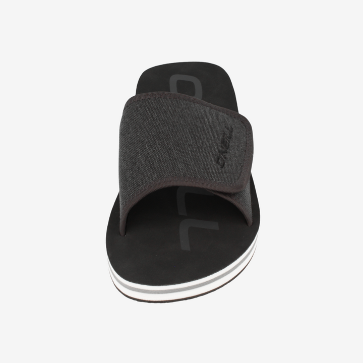 Black sandal with gray strap on a white background