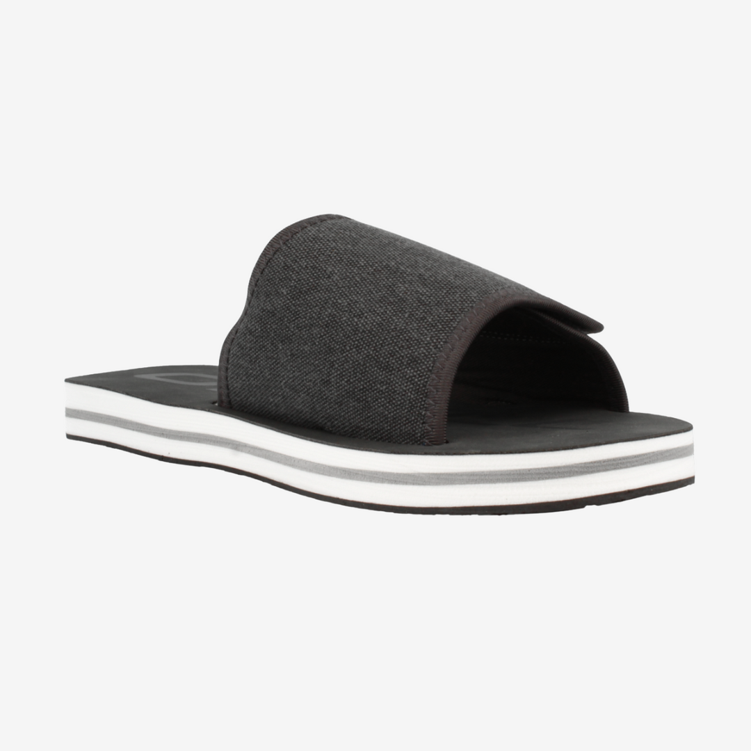 Gray slide sandal with a white sole on a light gray background