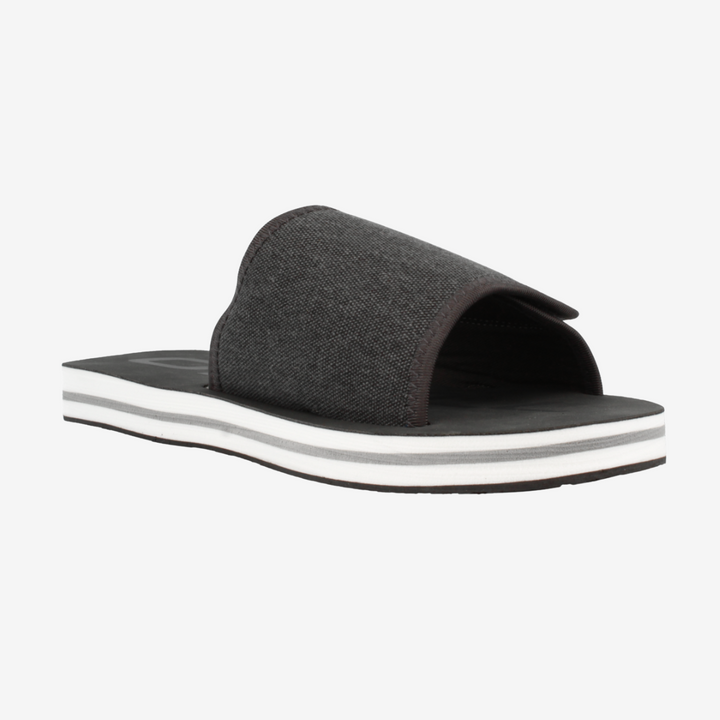 Gray slide sandal with a white sole on a light gray background