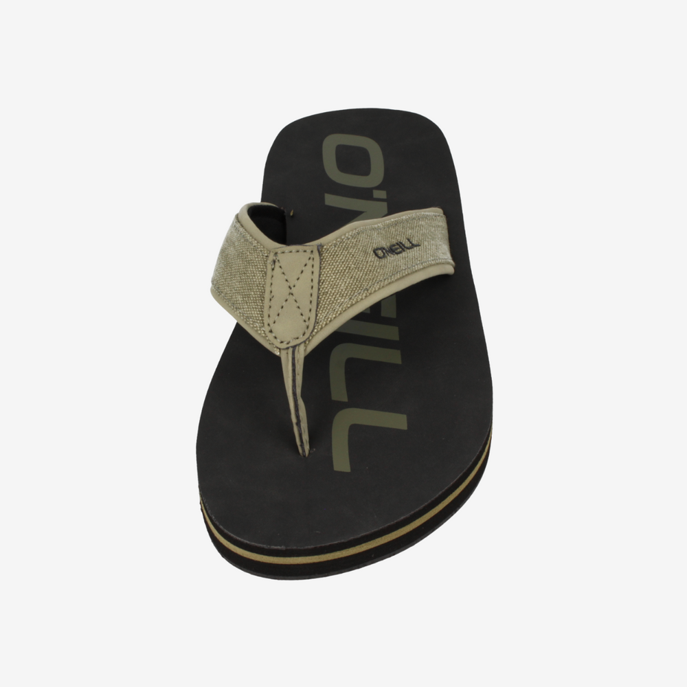 Black sandal with beige strap on a white background