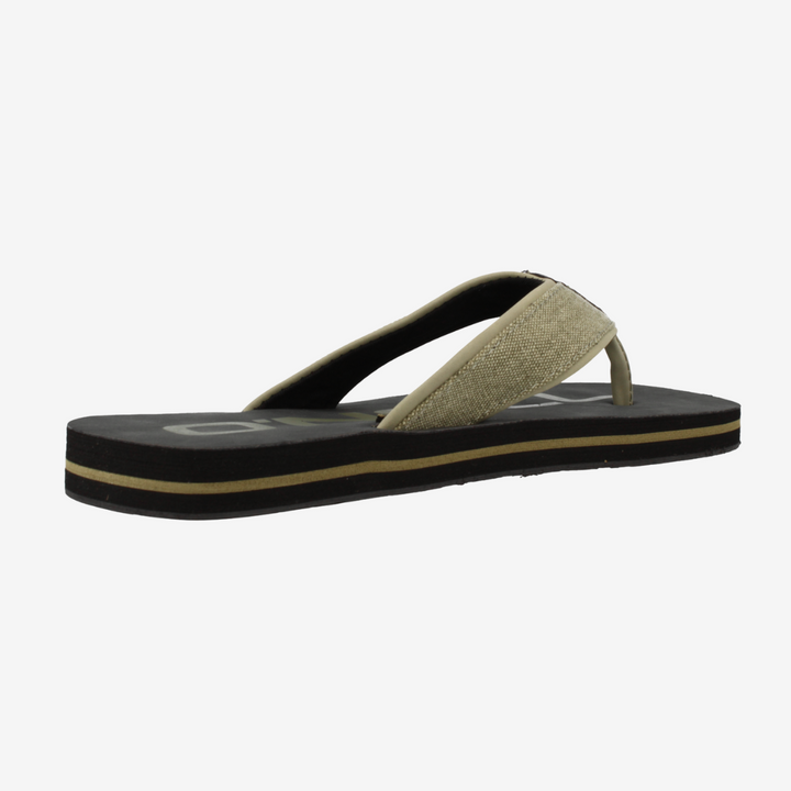 Black sandal with a beige strap on a white background