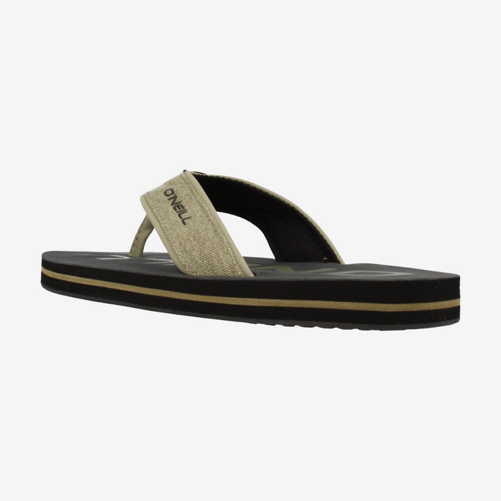 Black sandal with beige strap on a white background
