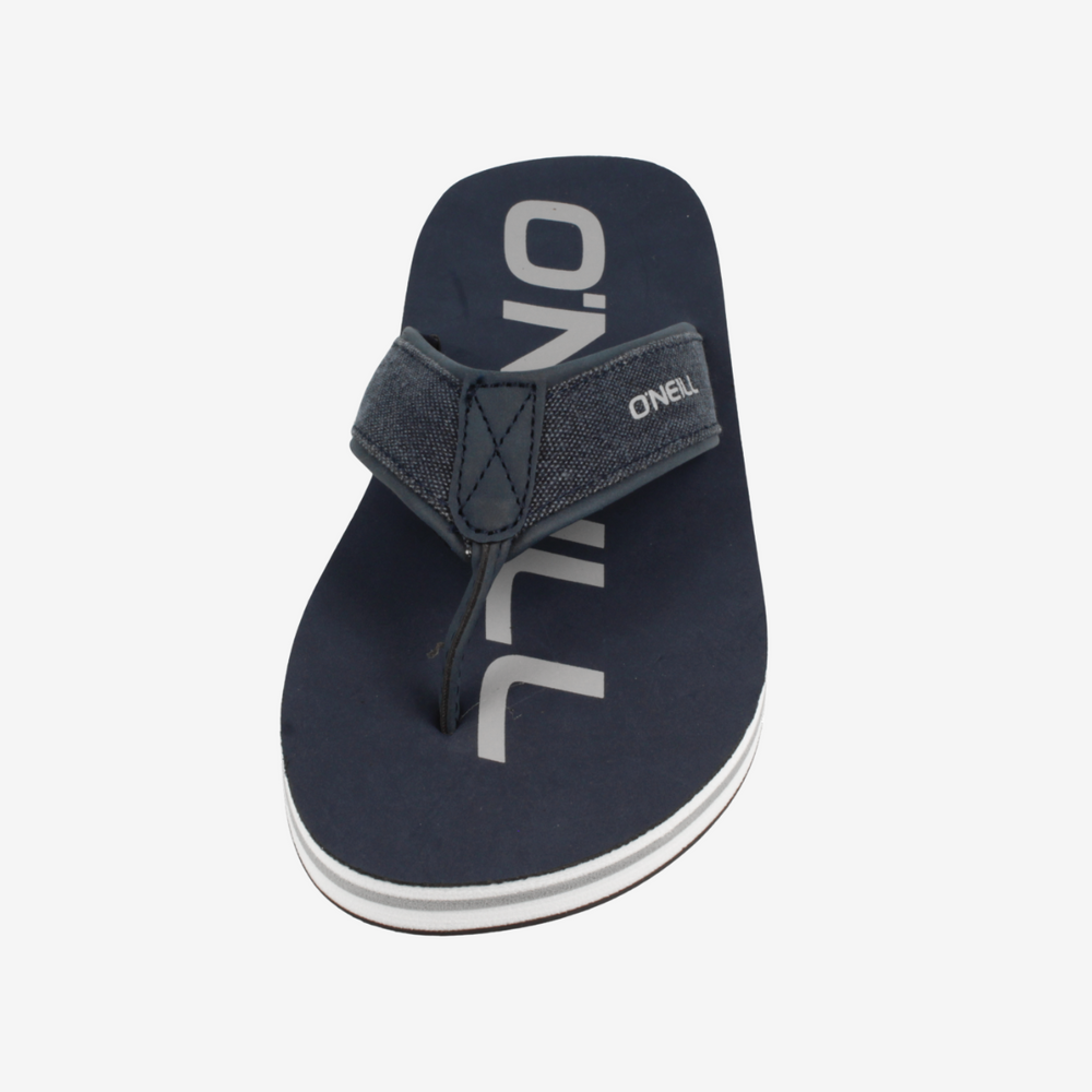 Navy sandal with gray strap on a white background