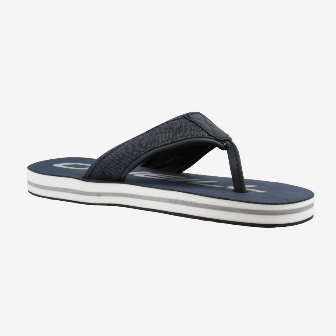 Navy blue sandal with white sole on a light gray background