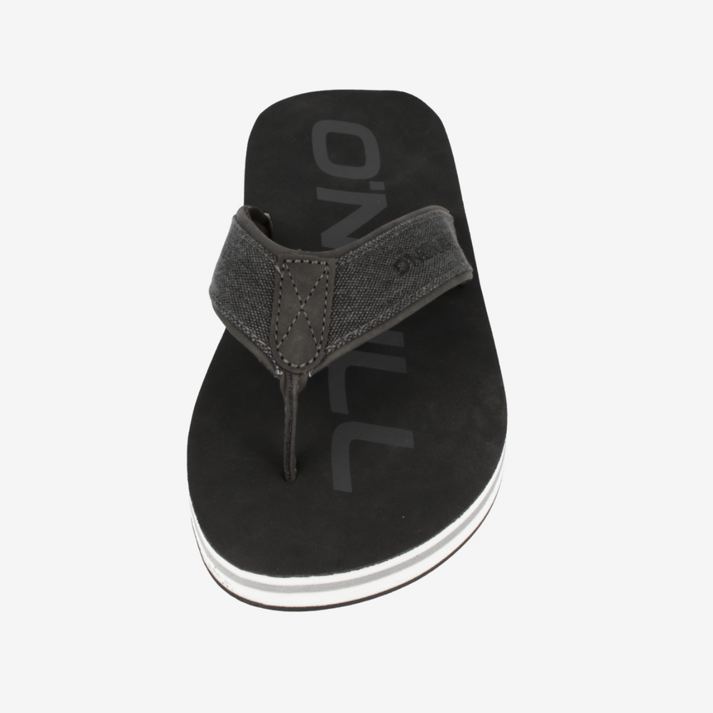 Black sandal with gray strap on a white background