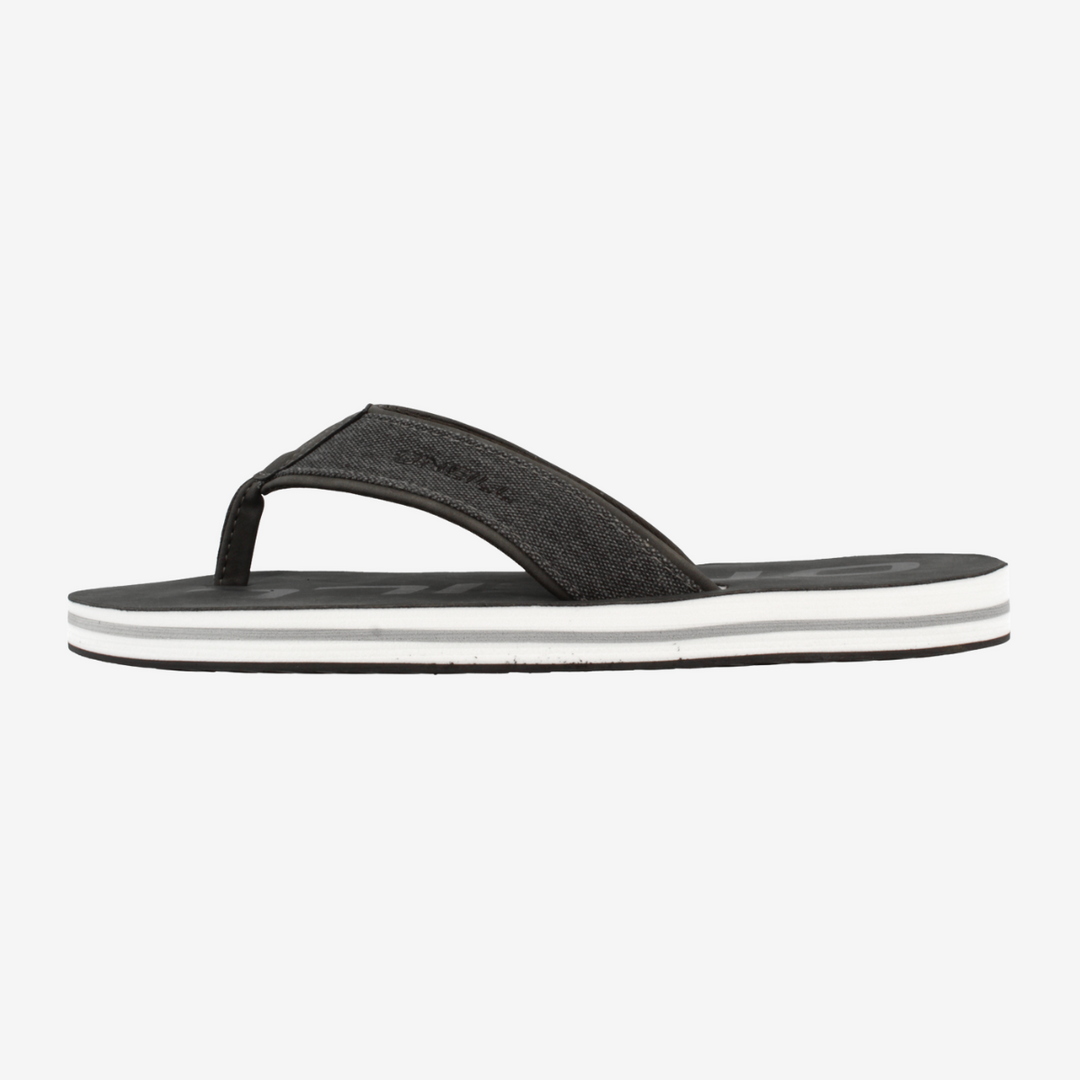 Black sandal with white sole on a light gray background