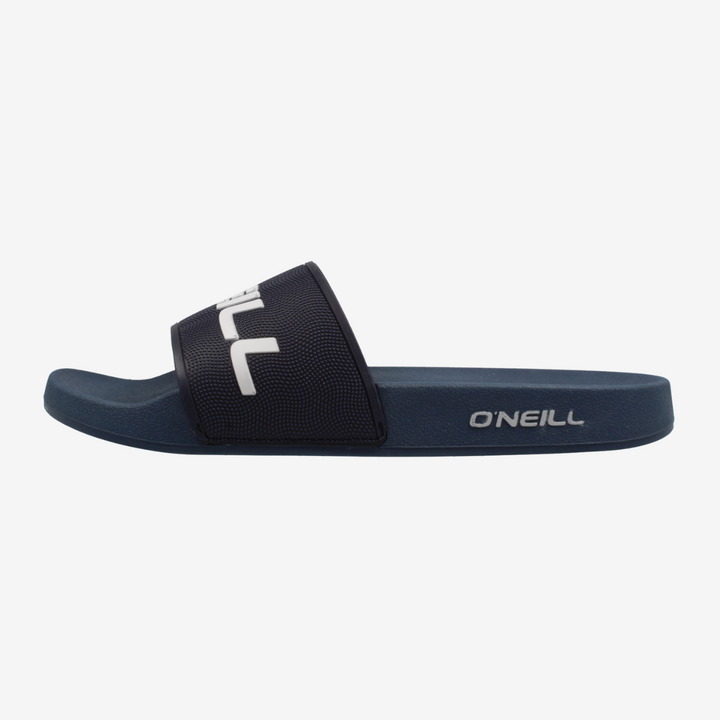 Navy slide sandal with black strap on a white background