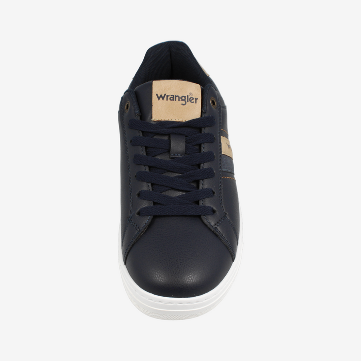 Black sneaker with 'Wrangler' branding on a white background