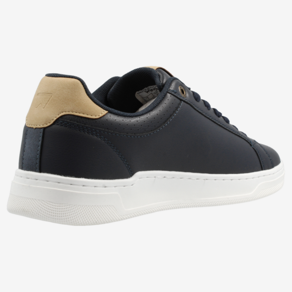 Black sneaker with beige accents on a white background