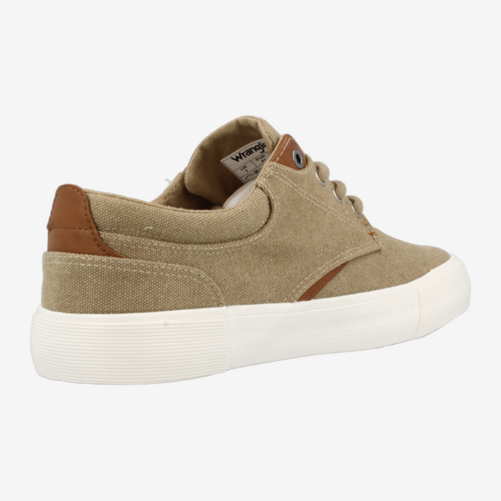 Brown sneaker with white sole on a light gray background