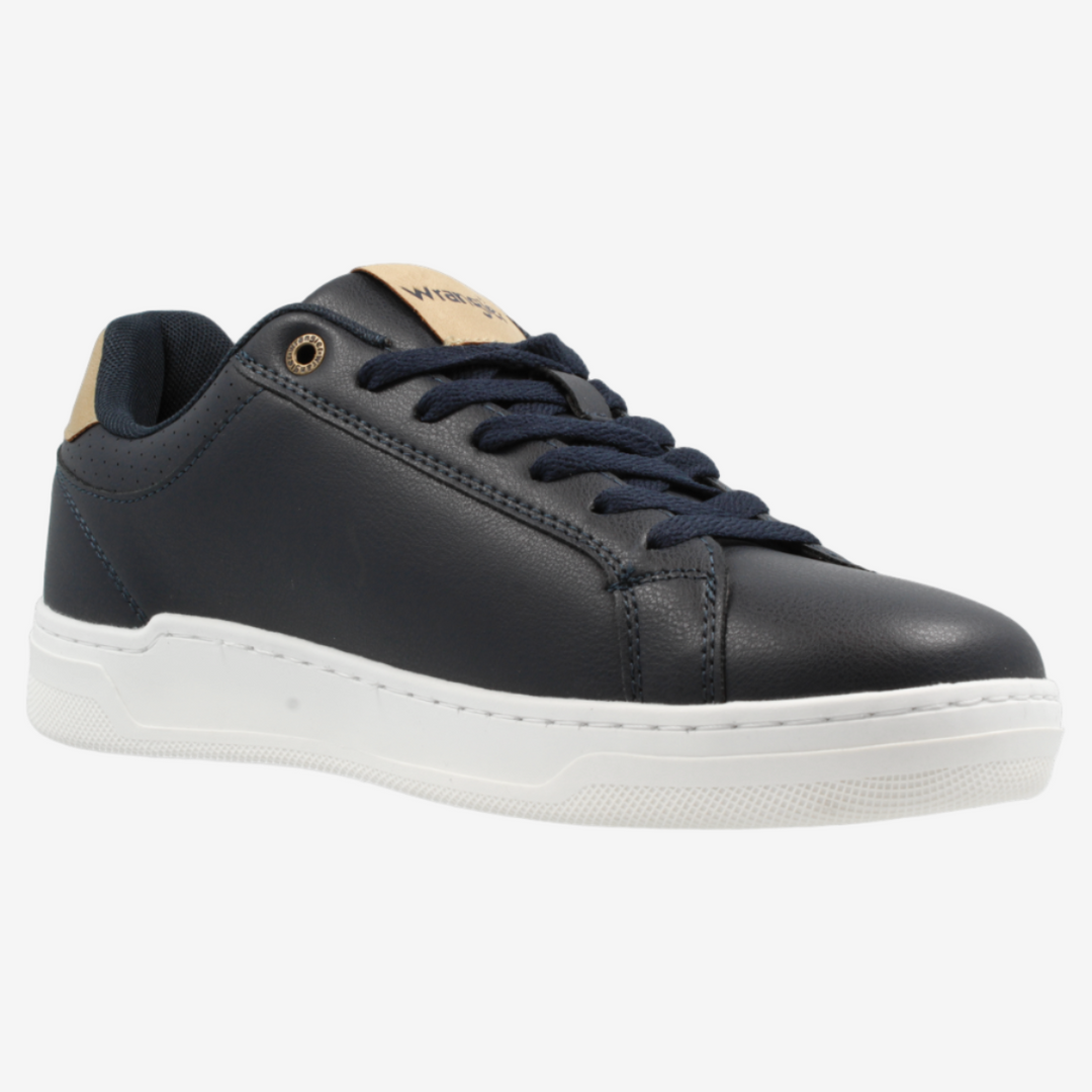 Black sneaker with white sole on a light gray background