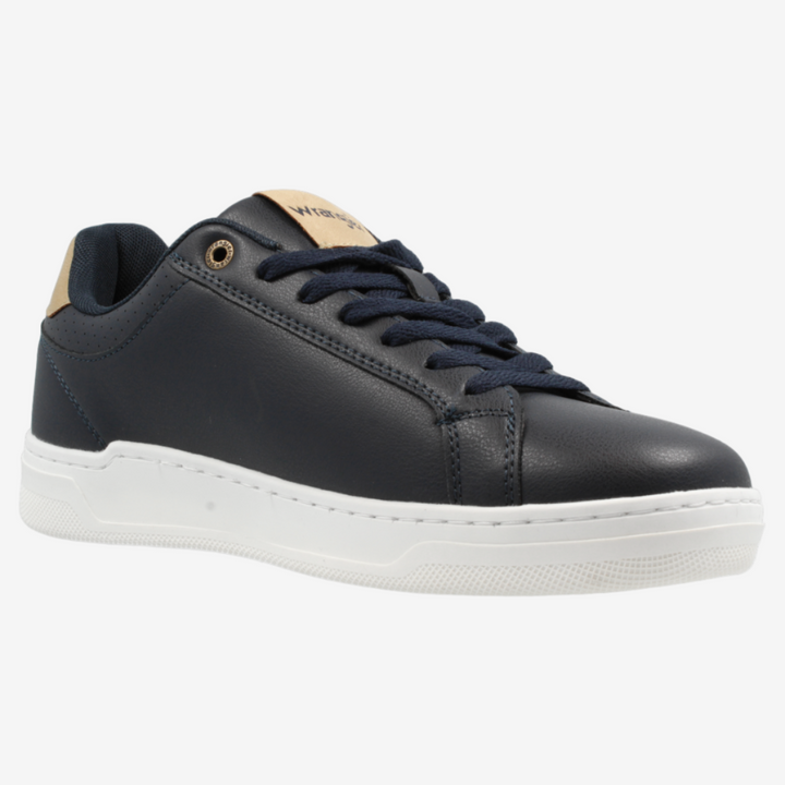 Black sneaker with white sole on a light gray background
