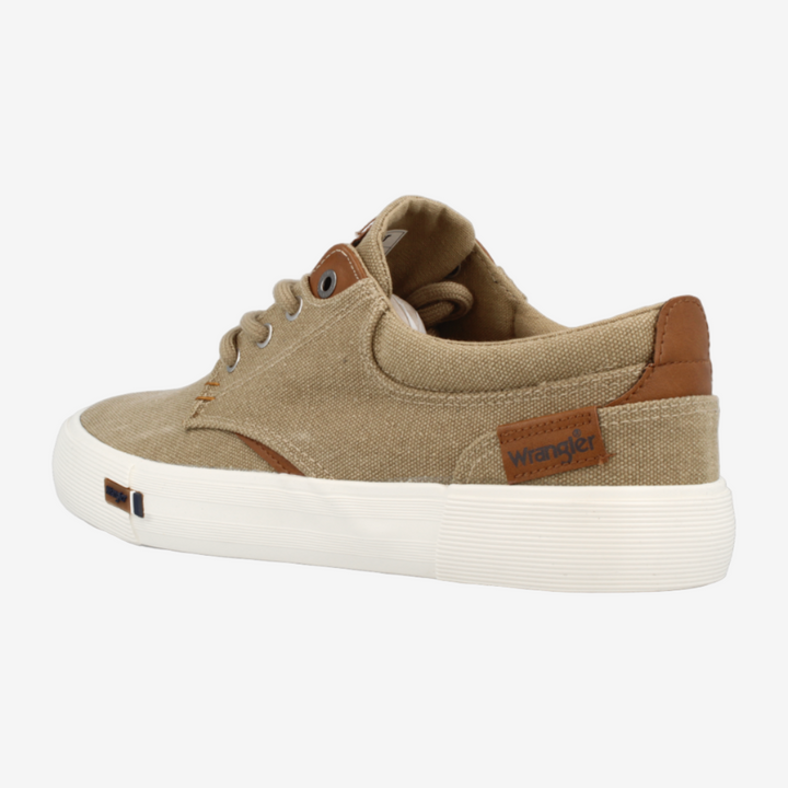 Beige sneaker with brown accents on a white background