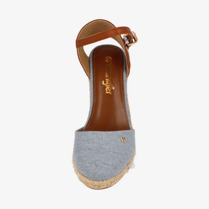 Single sandal with gray sole and brown strap on a white background