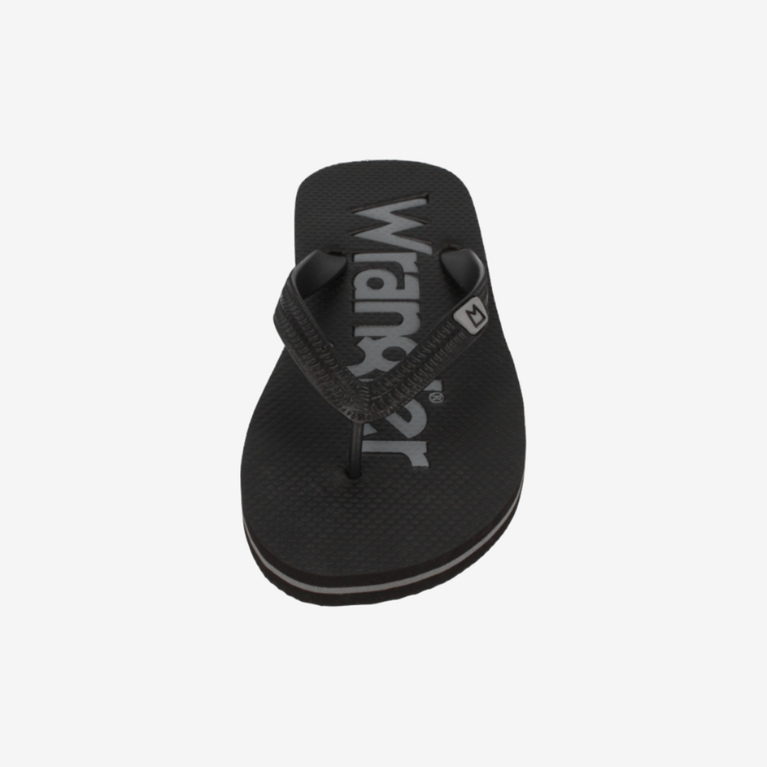 Black sandal with brand logo on a white background